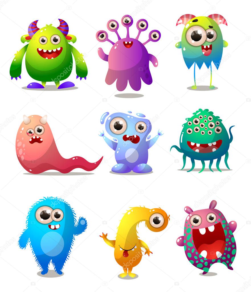 Set of colorful monsters, animator costume, comic character for children party. Cartoon style. Vector illustration on white background