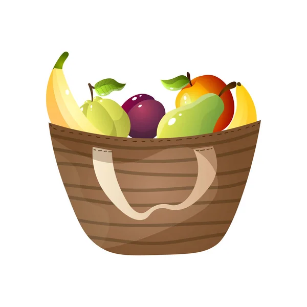 Sac à main textile avec banane fraîche, poire, pomme, prune — Image vectorielle