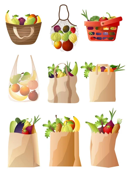 Paket och korg med färska, ekologiska grönsaker och frukter — Stock vektor