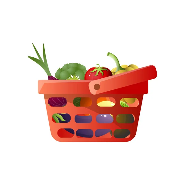 Roter Warenkorb mit frischem Gemüse, Tomaten, Zwiebeln — Stockvektor