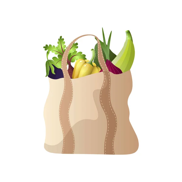 Bolsa moderna têxtil eco com legumes, berinjela, cebola, páprica — Vetor de Stock