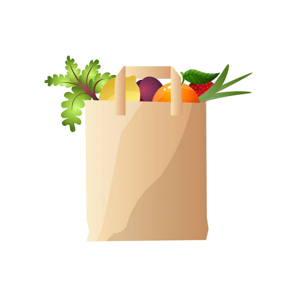 Saco de papel Eco com legumes e frutas, rabanete, laranja — Vetor de Stock