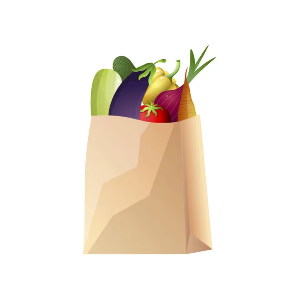 Паперовий мішок з овочами, фруктами, морквою, баклажанами, полуницею — стоковий вектор