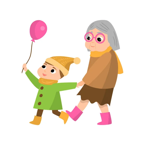 Старша бабуся ходить з племінником що взяти рожеву кульку — стоковий вектор