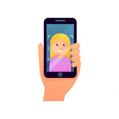 Sarışın kız akıllı telefonda yüz tanıma sistemi güvenlik kullanımı