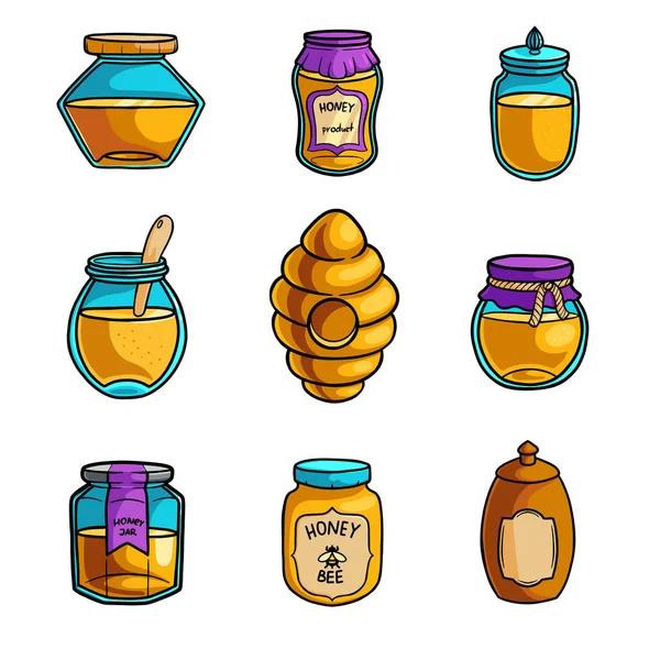 Set of colorful sweet honey jar from home garden — Stock Vector