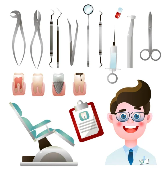 Zestaw cute, uśmiechnięty dentysta z jego nowoczesnym narzędziem stalowym — Wektor stockowy