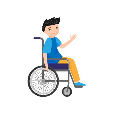 Sevimli genç gülümseyen çocuk tekerlekli sandalyede merhaba demek