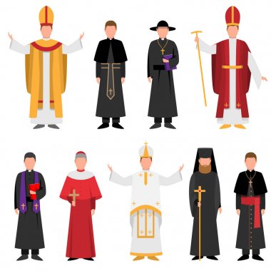 Set of priest of catholic or christian religion in different clothes clipart