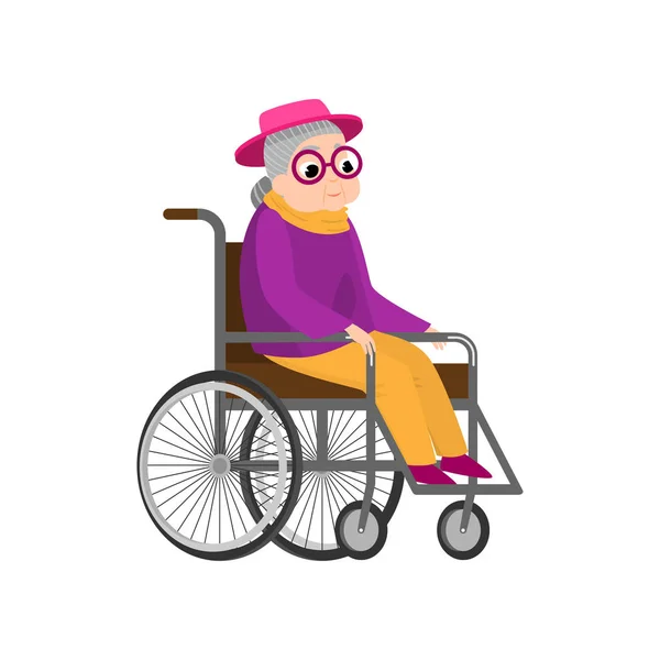 可爱的奶奶在时尚现代服装在金属轮椅 — 图库矢量图片