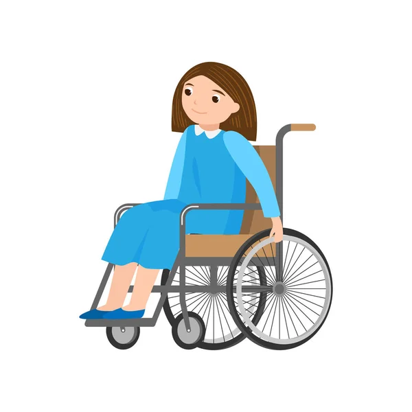 Carino donna sorridente in abito blu che si muove in sedia a rotelle — Vettoriale Stock