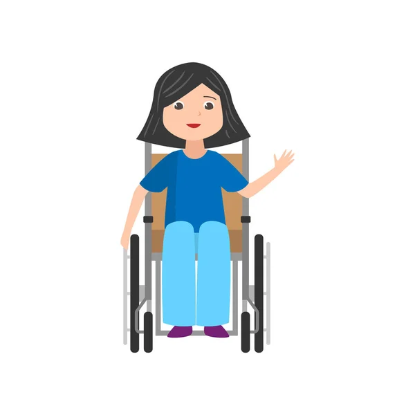 Linda chica estudiante sonriente en jeans permanecer en silla de ruedas — Vector de stock