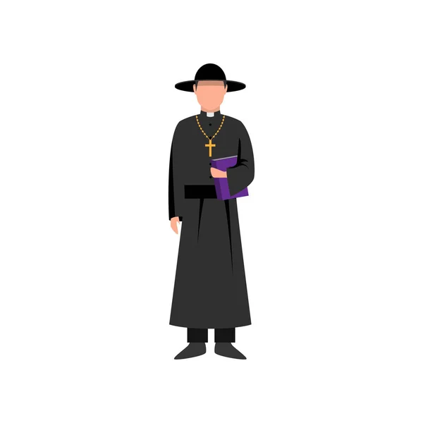 Sacerdote católico con sombrero negro y libro bíblico en la mano — Vector de stock