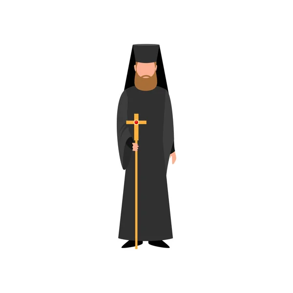 Christian pope priest in black clothes and gold cross scepter — Stock Vector