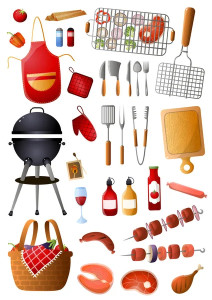 Conjunto de herramientas de barbacoa y equipo para el tiempo libre en familia — Vector de stock