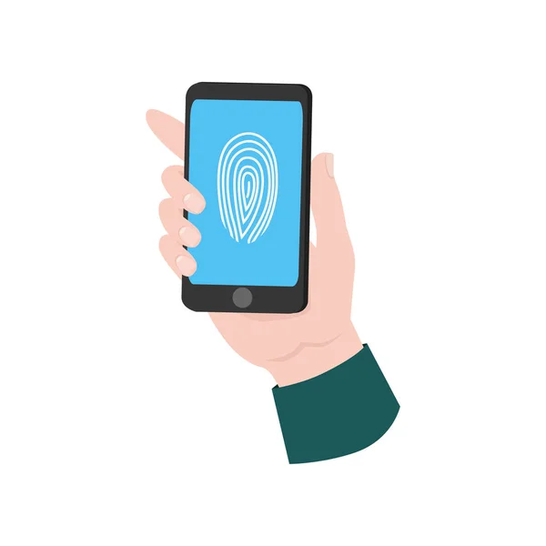 Μοντέρνο smartphone σε ανθρώπινο χέρι με τεχνολογία ασφαλείας δακτυλικών αποτυπωμάτων — Διανυσματικό Αρχείο