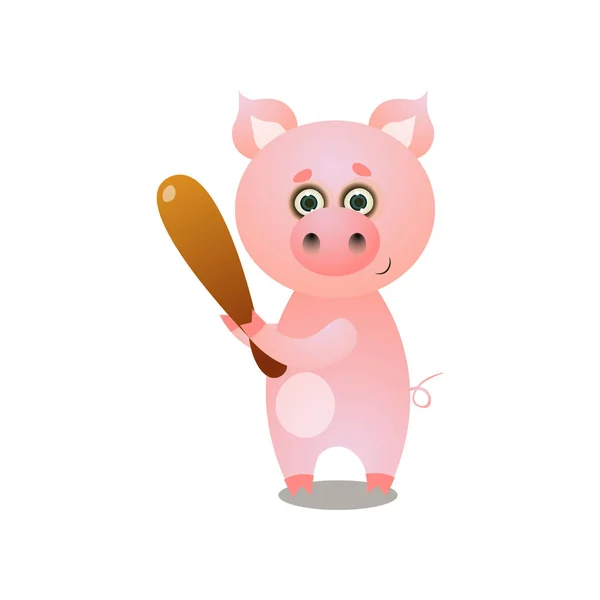 Cute różowy świnia gra w baseball z drewna nietoperza — Wektor stockowy
