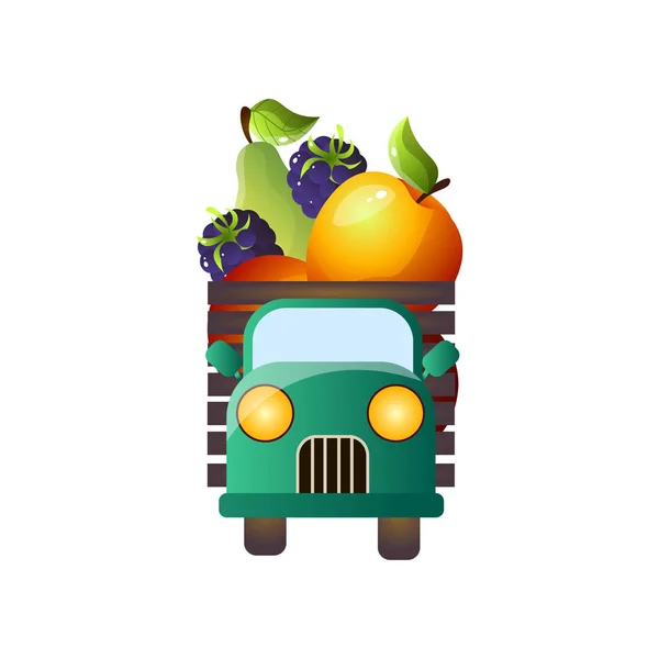 Ретро пікап вид спереду зі свіжими фруктами ферми — стоковий вектор
