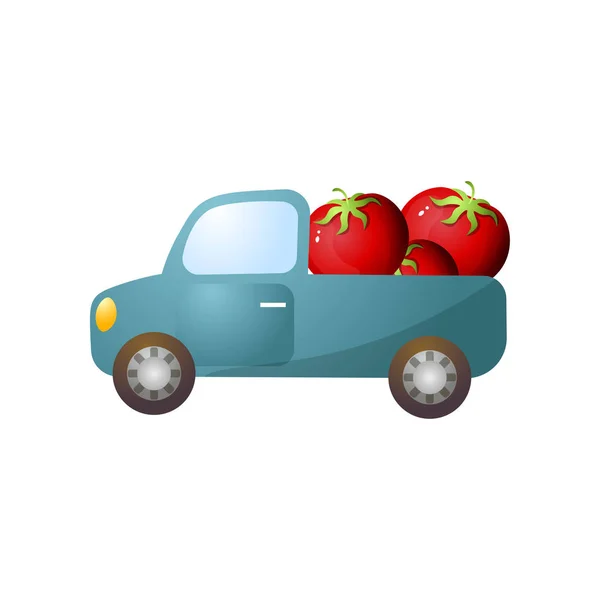 赤い新鮮な農場のトマトとブルーレトロなピックアップ — ストックベクタ