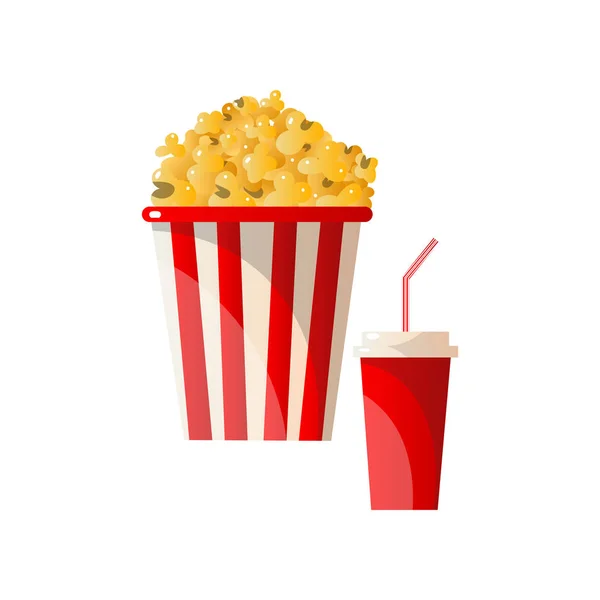 Frisch leckeres Popcorn gestreifter Korb mit Plastikglas Cola — Stockvektor