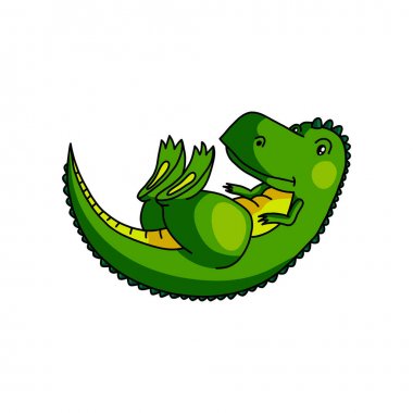 Sevimli renkli yeşil dino kapalı gözleri ile sırtında kalmak
