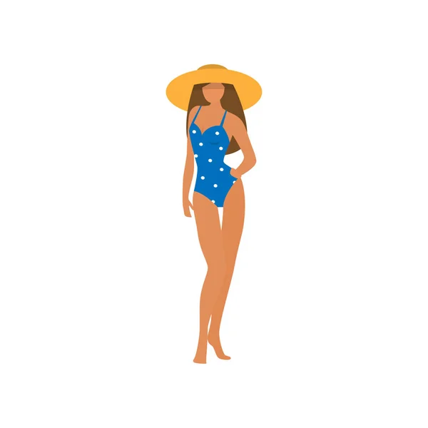 Costume da bagno donna punteggiato bianco blu per il tempo in spiaggia — Vettoriale Stock