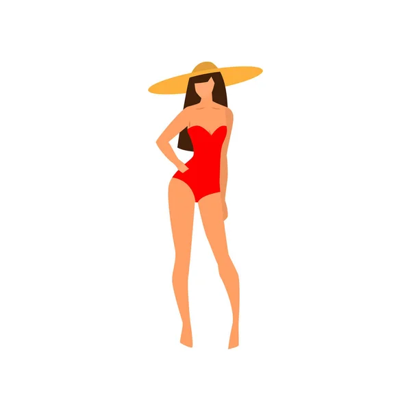 Mujer sexy con sombrero de playa y traje de baño colorido rojo — Archivo Imágenes Vectoriales