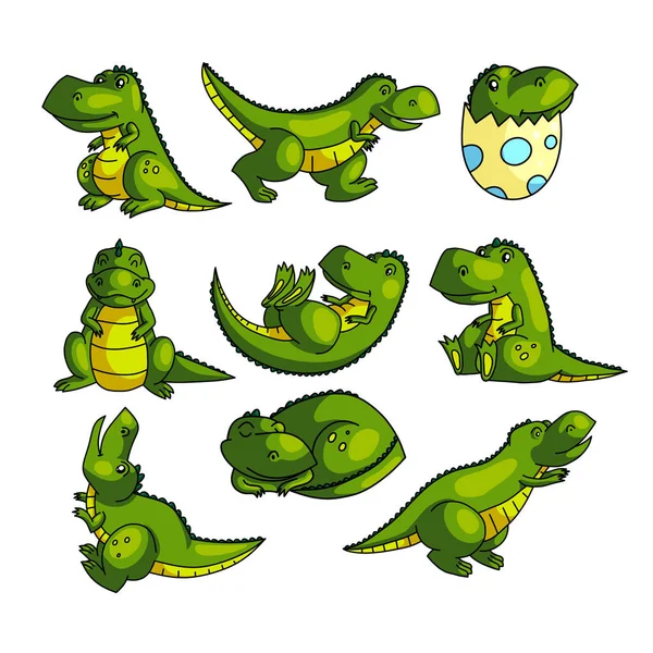 Mignon caractère dino vert coloré dans différentes poses — Image vectorielle