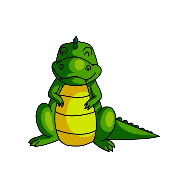 Lindo dino verde sonriente con los ojos cerrados, feliz — Vector de stock