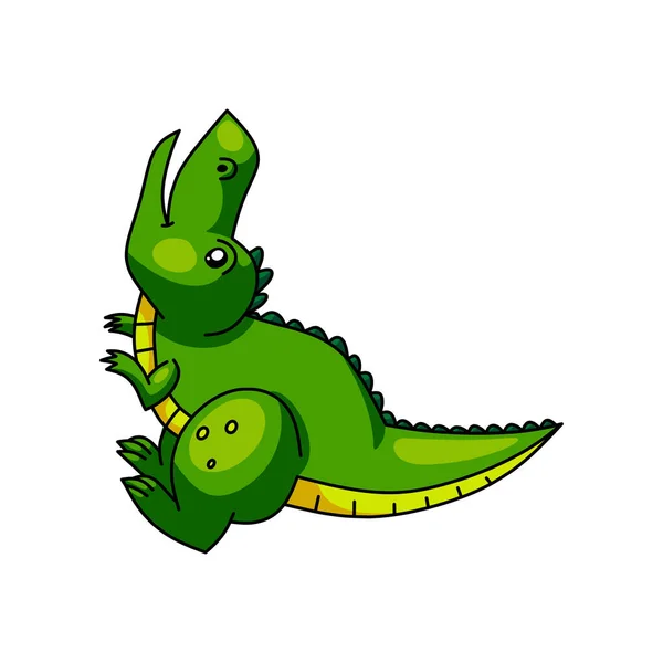 かわいいカラフルな緑の恐竜の叫び、頭を上げる — ストックベクタ
