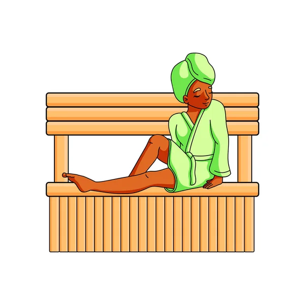 Wanita afrika lucu dengan pakaian hijau duduk di sauna kayu panas - Stok Vektor