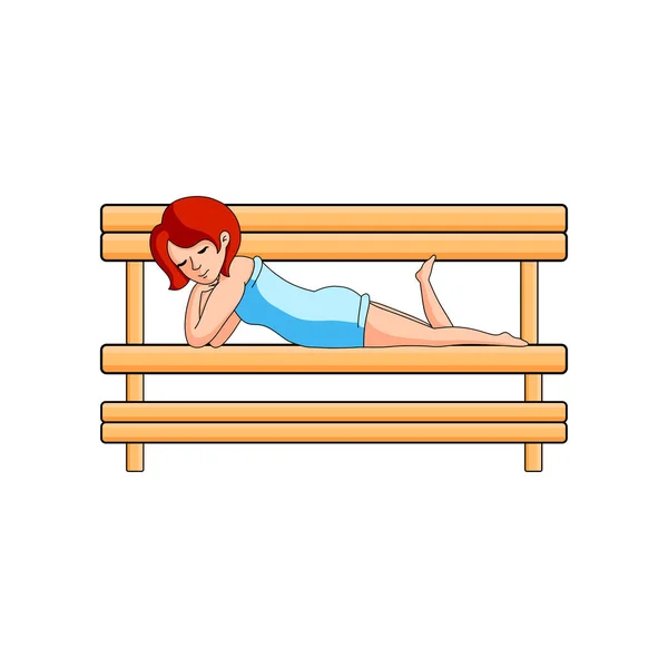 Schattig rood haar meisje zittend op hout hot sauna — Stockvector