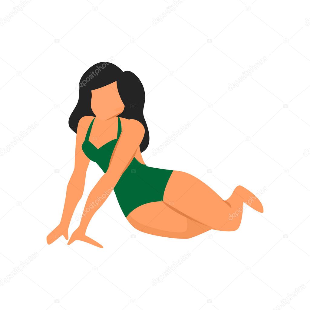 Green sexy swimsuit on cute woman sitting on hot summer beach. Flat style. Vector illustration on white background