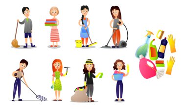 Farklı insanlar kümesi ev aletleri kullanarak temizlik yapmak