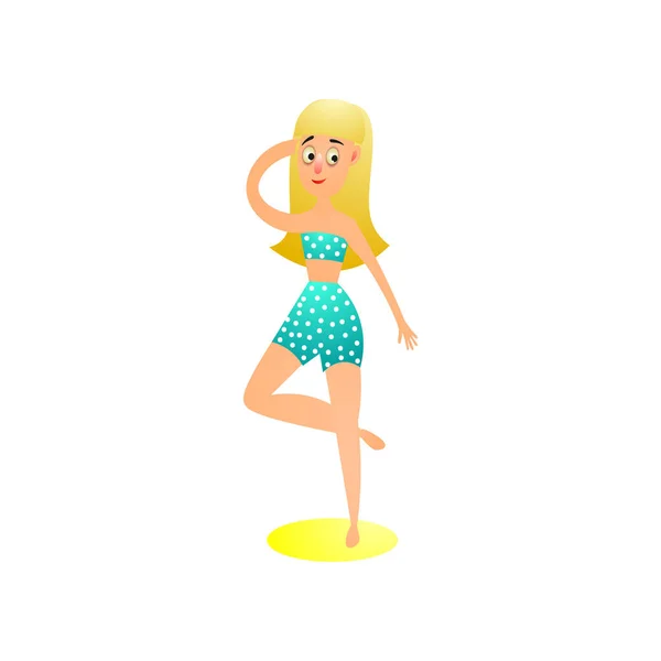 Cute blonde girl in aqua color retro dotted swimsuit — Stock Vector