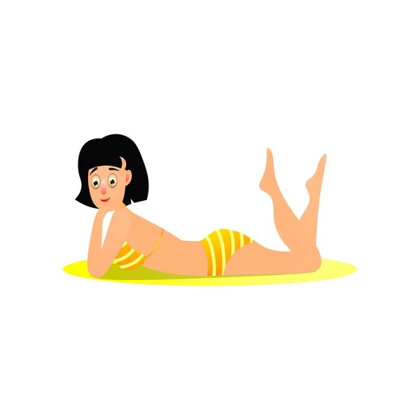 Carino ragazza bruna in costume da bagno bikini a righe gialle — Vettoriale Stock