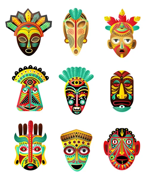 Set etnis berwarna-warni, african, Meksiko masker, elemen ritual - Stok Vektor