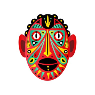 Aztek kırmızı maske, yuvarlak gözleri ve süs elemanı ile