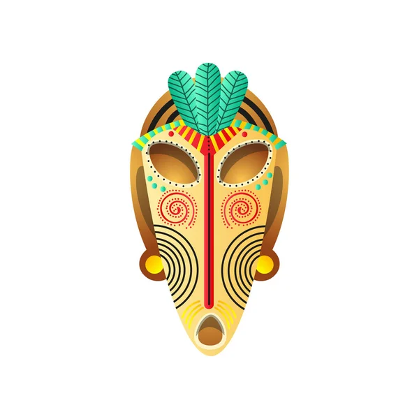 Topeng kayu ritual abstrak dengan elemen spiral dan daun hijau - Stok Vektor