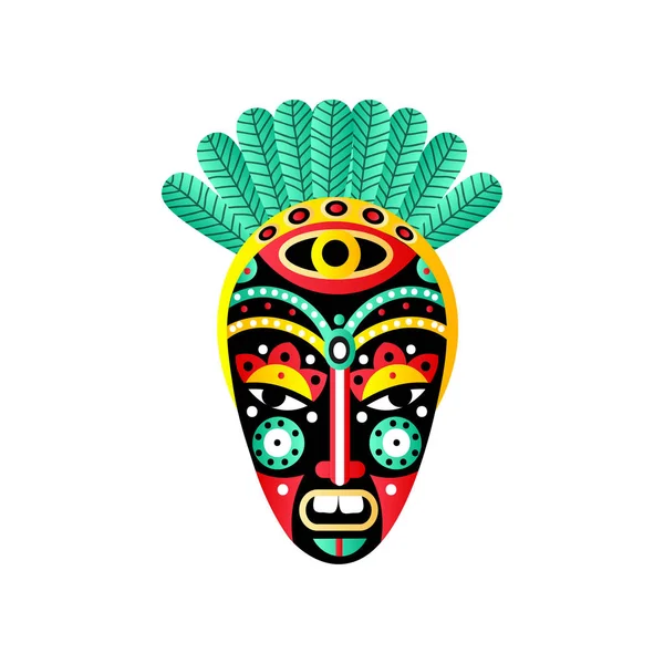 Linda máscara africana ornamental, elemento rojo, pluma verde — Archivo Imágenes Vectoriales