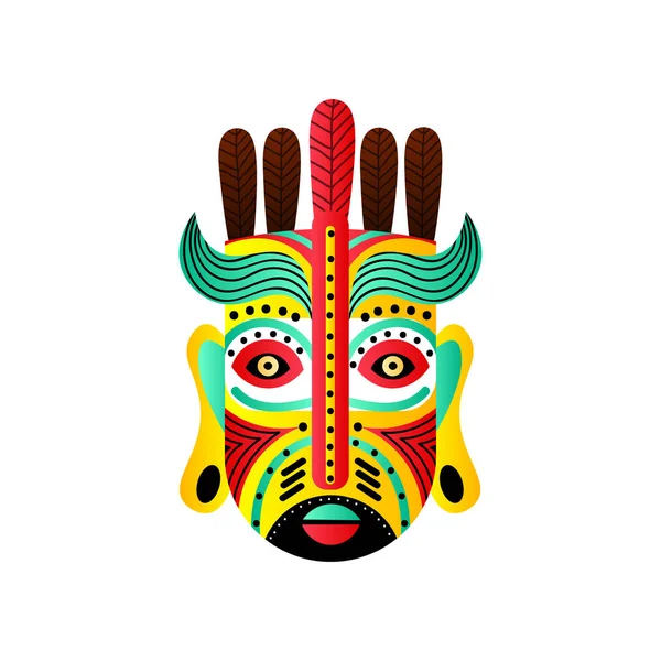 Masque mexicain abstrait avec plume rouge et élément vague verte — Image vectorielle