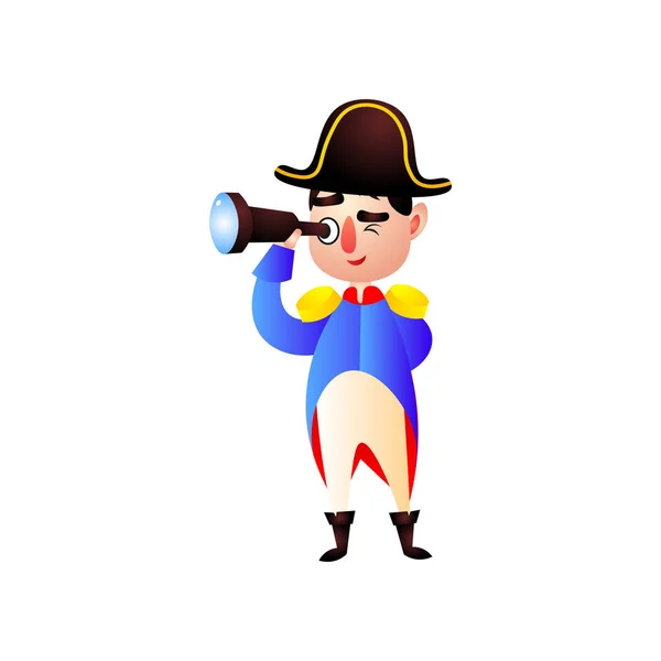 Mignon personnage napoléon bonaparte avec vieux verre espion rétro — Image vectorielle