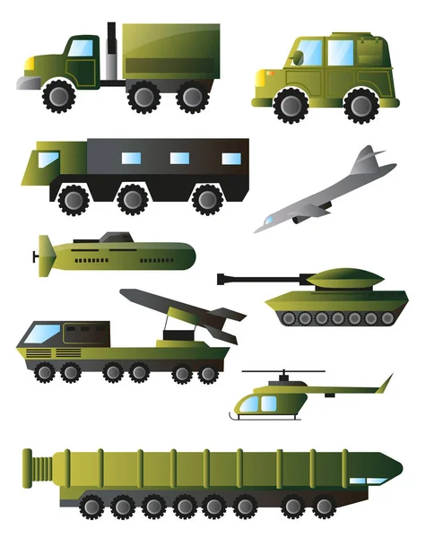 Комплект боевых машин, танков и оборудования зеленого цвета — стоковый вектор