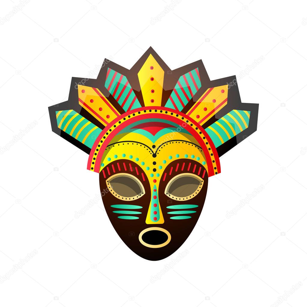 Cute colorful ritual african mask, with red, green, yellow color, saint ceremony. Cartoon style. Vector illustration on white background