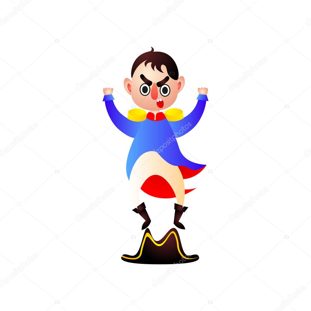 Cute kid character, nervous napoleon jump on his hat