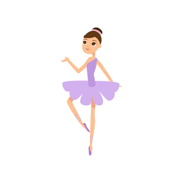 Linda bailarina sonriente en vestido textil violeta — Vector de stock