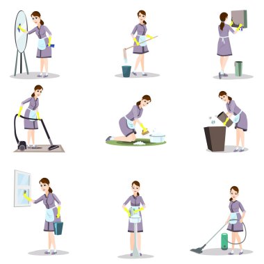 Set of cleaning woman in different poses and home situations clipart