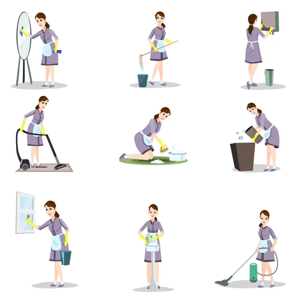 Conjunto de mujer de limpieza en diferentes poses y situaciones del hogar — Vector de stock