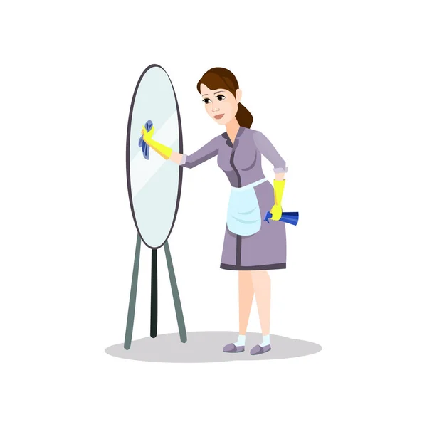 Wanita pembersih dalam pakaian ungu bersih cermin rumah - Stok Vektor