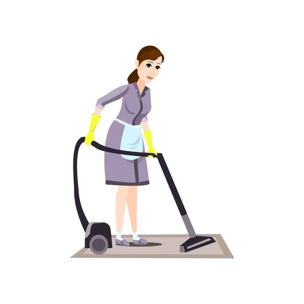 Femme de nettoyage en gants jaunes utilisent un aspirateur moderne — Image vectorielle